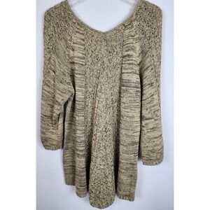 Cozy Knit V‎ Neck Tunic Sweater Oversized Textured Beige Black Marled Sz L Boho